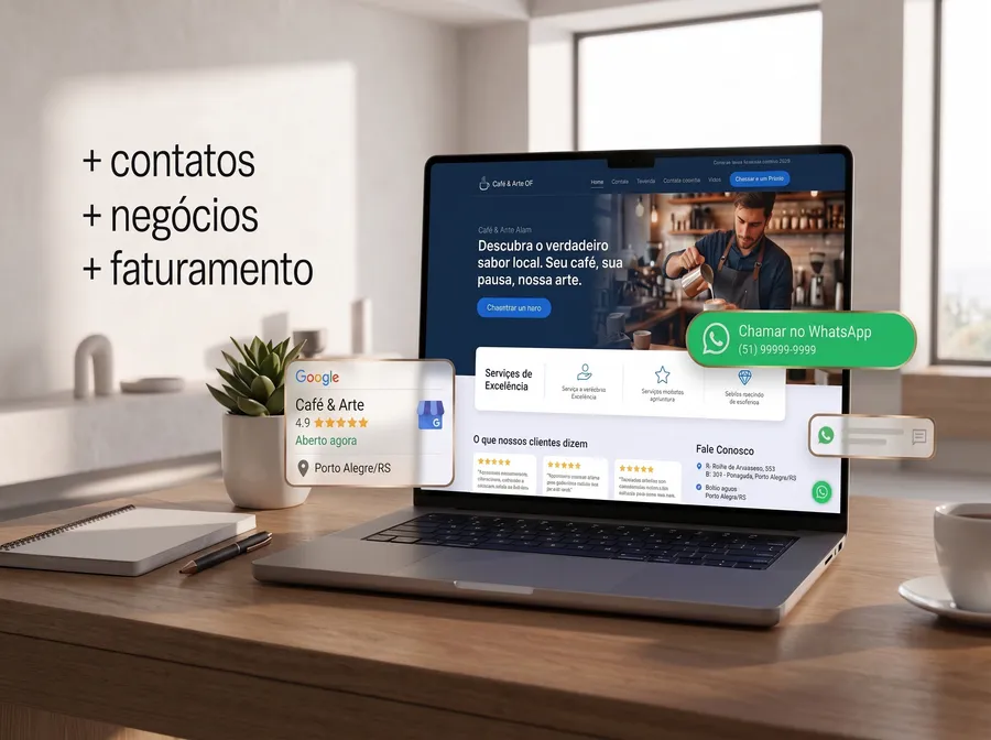 Site profissional da Getsite exibido em laptop e celular com gráficos de crescimento