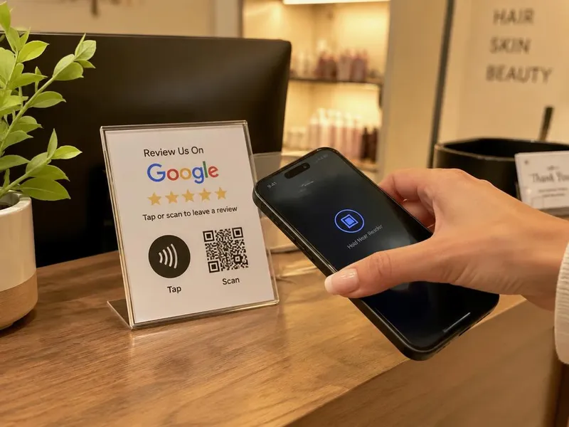 Cliente aproximando o celular da plaquinha NFC em uma recepção de salão