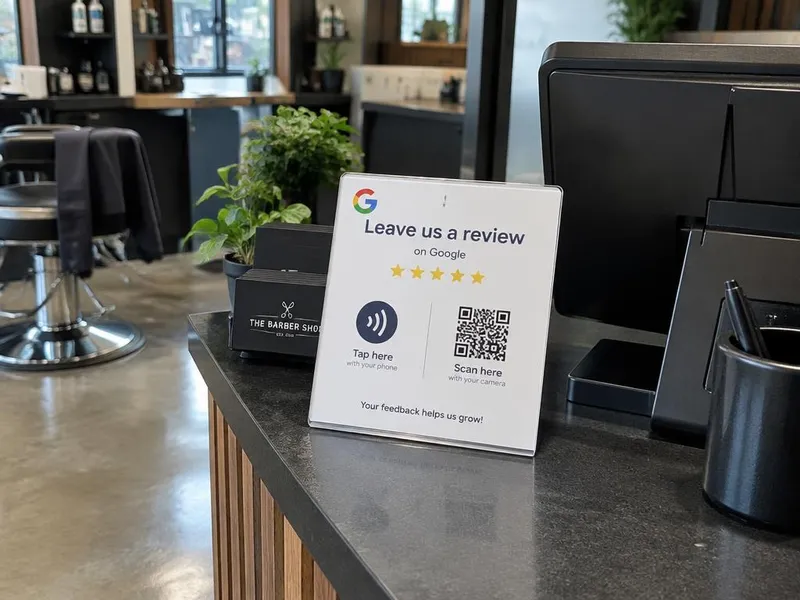 Plaquinha NFC com QR Code no balcão de uma barbearia